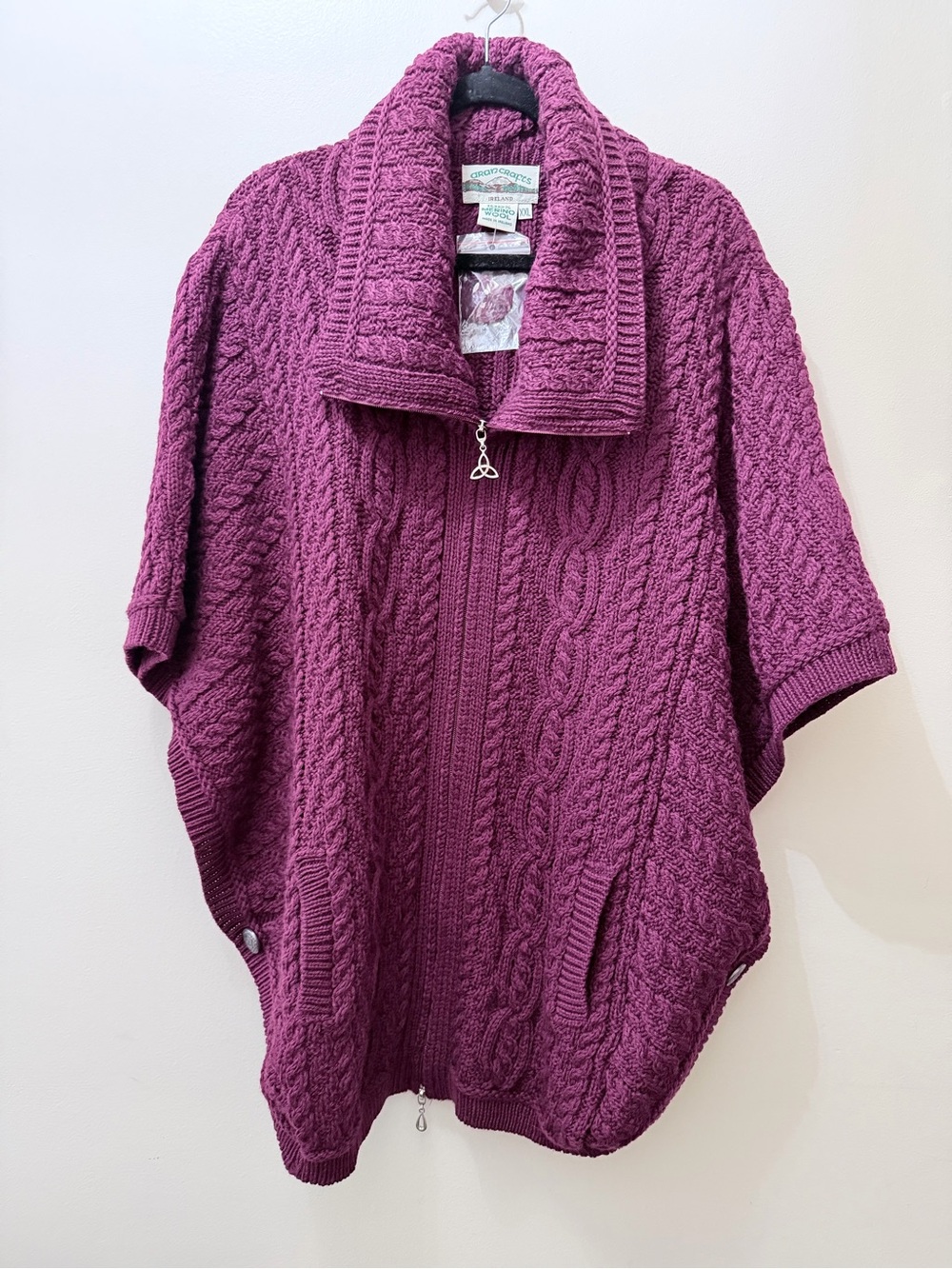 NWT Aran Crafts Merino Wool Batwing Sweater Celtic Knot Zipper Magenta XXL Warm
